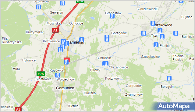 mapa Chruścin gmina Gomunice, Chruścin gmina Gomunice na mapie Targeo