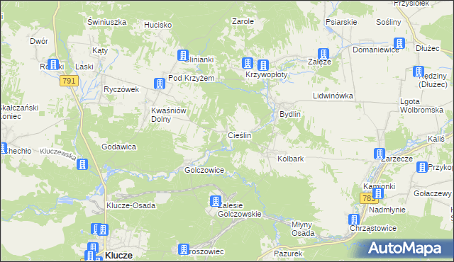 mapa Cieślin gmina Klucze, Cieślin gmina Klucze na mapie Targeo