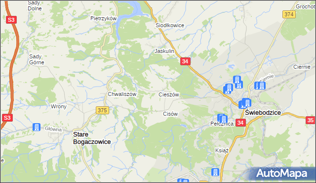 mapa Cieszów gmina Stare Bogaczowice, Cieszów gmina Stare Bogaczowice na mapie Targeo