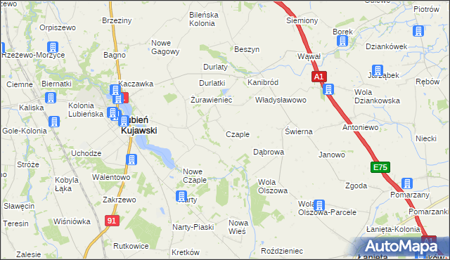 mapa Czaple gmina Lubień Kujawski, Czaple gmina Lubień Kujawski na mapie Targeo