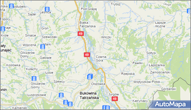 mapa Czarna Góra gmina Bukowina Tatrzańska, Czarna Góra gmina Bukowina Tatrzańska na mapie Targeo