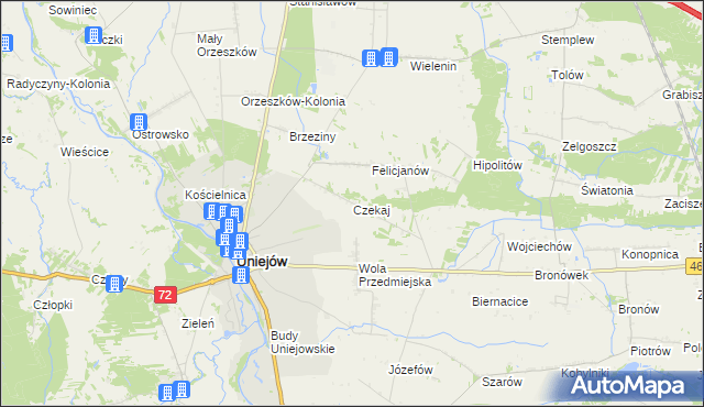 mapa Czekaj gmina Uniejów, Czekaj gmina Uniejów na mapie Targeo