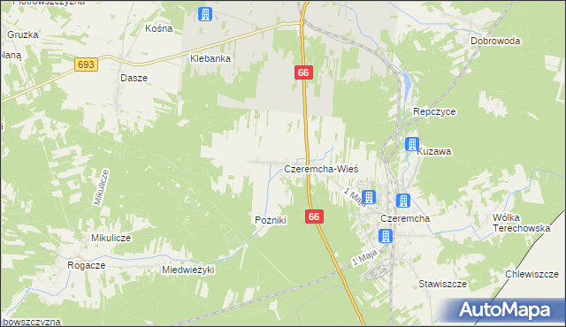 mapa Czeremcha-Wieś, Czeremcha-Wieś na mapie Targeo