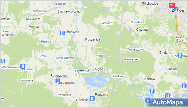 mapa Dąbie gmina Żarnów, Dąbie gmina Żarnów na mapie Targeo