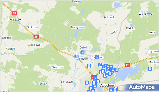 mapa Dąbki gmina Człuchów, Dąbki gmina Człuchów na mapie Targeo