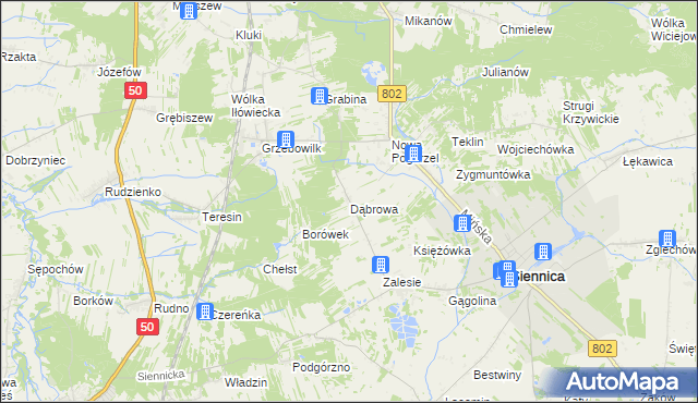 mapa Dąbrowa gmina Siennica, Dąbrowa gmina Siennica na mapie Targeo