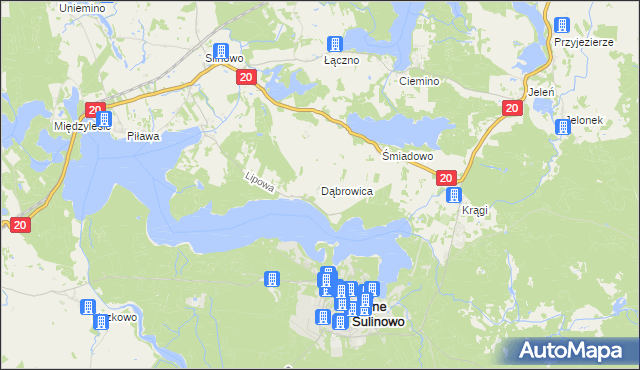 mapa Dąbrowica gmina Borne Sulinowo, Dąbrowica gmina Borne Sulinowo na mapie Targeo