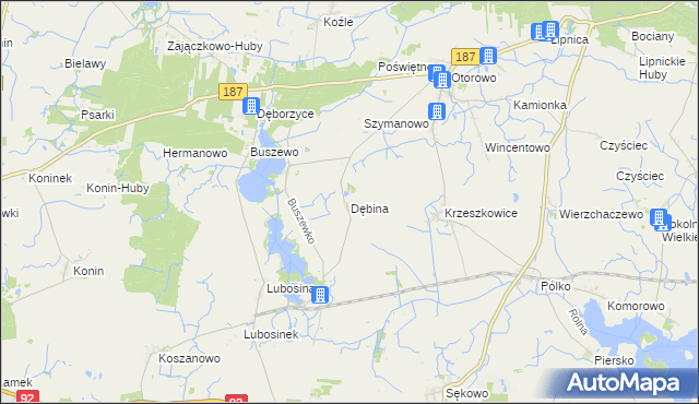 mapa Dębina gmina Pniewy, Dębina gmina Pniewy na mapie Targeo