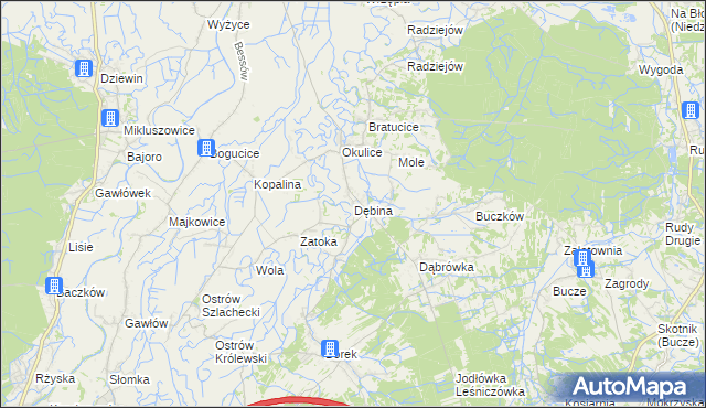 mapa Dębina gmina Rzezawa, Dębina gmina Rzezawa na mapie Targeo