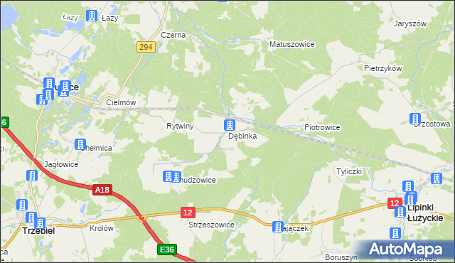 mapa Dębinka gmina Trzebiel, Dębinka gmina Trzebiel na mapie Targeo