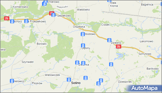 mapa Dębiny gmina Sośno, Dębiny gmina Sośno na mapie Targeo