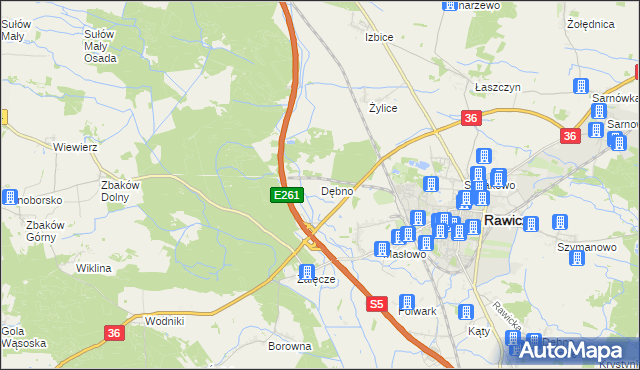 mapa Dębno gmina Rawicz, Dębno gmina Rawicz na mapie Targeo