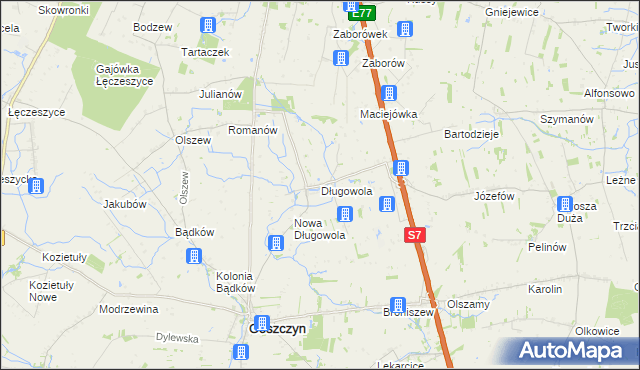 mapa Długowola gmina Goszczyn, Długowola gmina Goszczyn na mapie Targeo