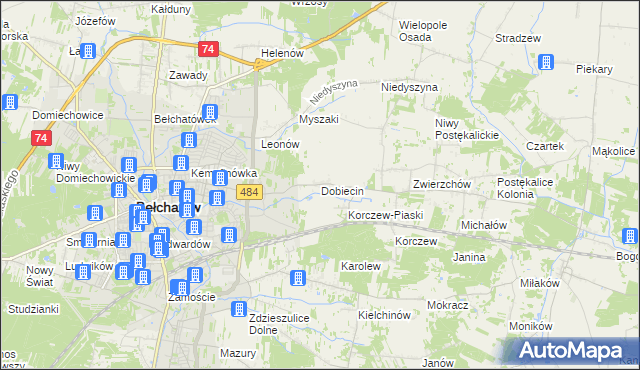 mapa Dobiecin gmina Bełchatów, Dobiecin gmina Bełchatów na mapie Targeo