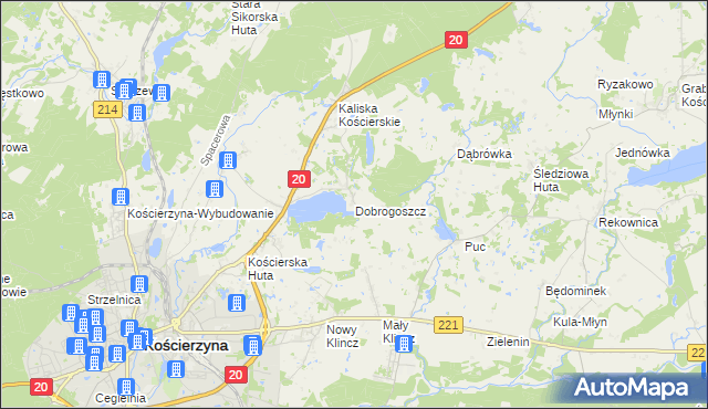 mapa Dobrogoszcz gmina Kościerzyna, Dobrogoszcz gmina Kościerzyna na mapie Targeo