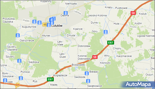 mapa Dobrosław gmina Lututów, Dobrosław gmina Lututów na mapie Targeo