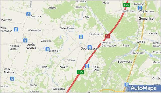 mapa Dobryszyce, Dobryszyce na mapie Targeo