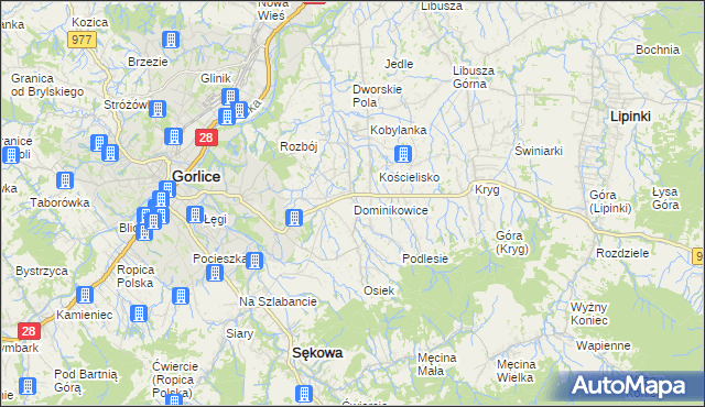 mapa Dominikowice gmina Gorlice, Dominikowice gmina Gorlice na mapie Targeo