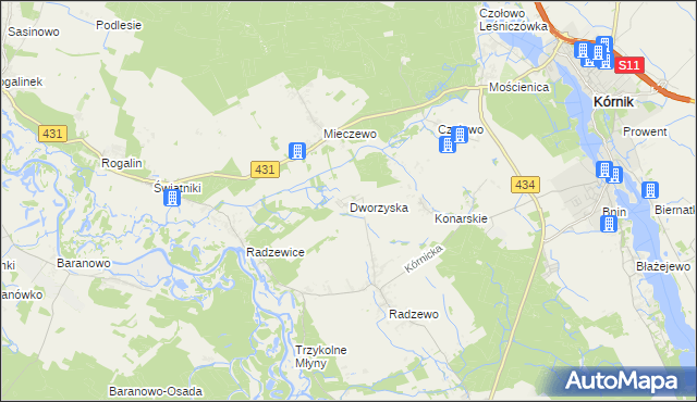 mapa Dworzyska gmina Kórnik, Dworzyska gmina Kórnik na mapie Targeo