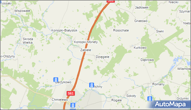 mapa Dzięgiele gmina Stawiski, Dzięgiele gmina Stawiski na mapie Targeo