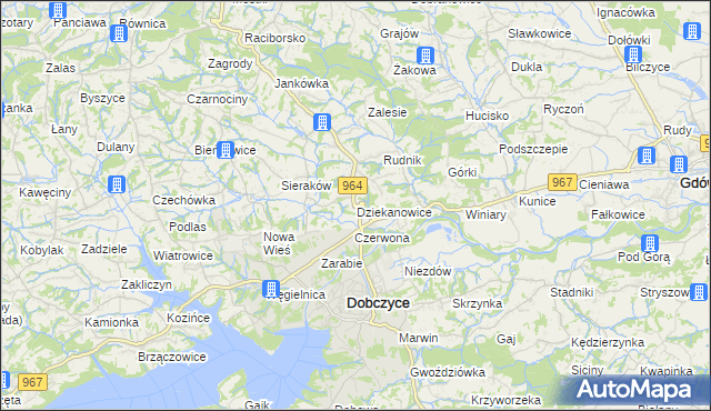 mapa Dziekanowice gmina Dobczyce, Dziekanowice gmina Dobczyce na mapie Targeo