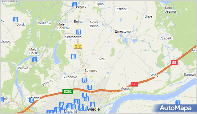 mapa Dziki gmina Świecie, Dziki gmina Świecie na mapie Targeo