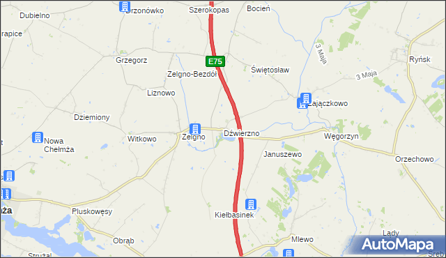 mapa Dźwierzno gmina Chełmża, Dźwierzno gmina Chełmża na mapie Targeo