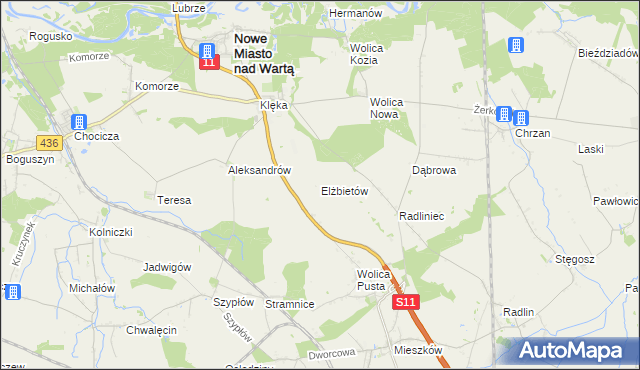 mapa Elżbietów gmina Nowe Miasto nad Wartą, Elżbietów gmina Nowe Miasto nad Wartą na mapie Targeo