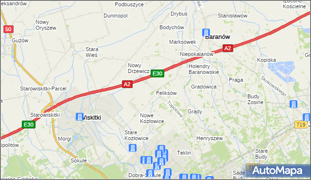 mapa Feliksów gmina Wiskitki, Feliksów gmina Wiskitki na mapie Targeo