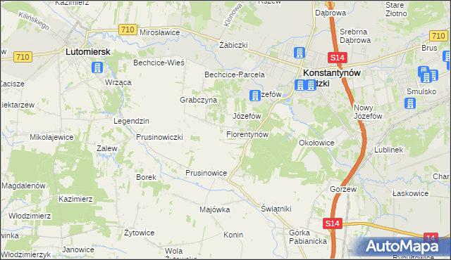 mapa Florentynów gmina Lutomiersk, Florentynów gmina Lutomiersk na mapie Targeo