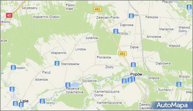 mapa Florianów gmina Popów, Florianów gmina Popów na mapie Targeo