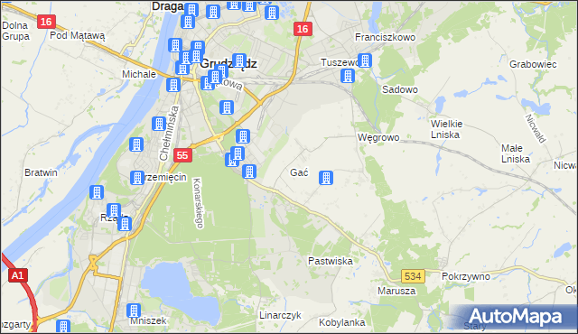 mapa Gać gmina Grudziądz, Gać gmina Grudziądz na mapie Targeo