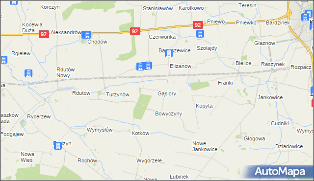 mapa Gąsiory gmina Chodów, Gąsiory gmina Chodów na mapie Targeo