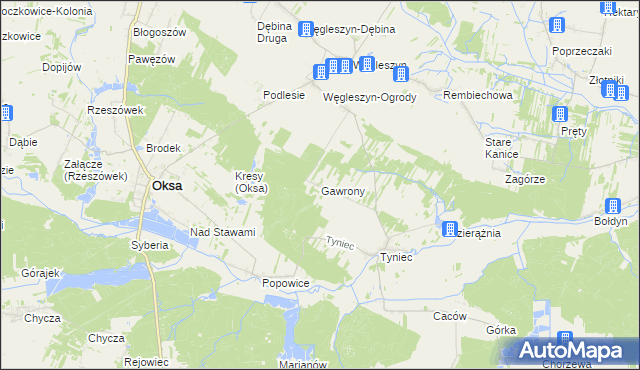 mapa Gawrony gmina Oksa, Gawrony gmina Oksa na mapie Targeo