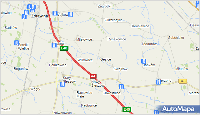 mapa Gęsice gmina Domaniów, Gęsice gmina Domaniów na mapie Targeo