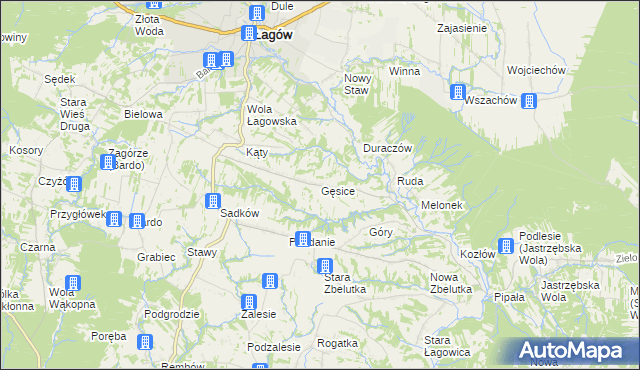 mapa Gęsice gmina Łagów, Gęsice gmina Łagów na mapie Targeo