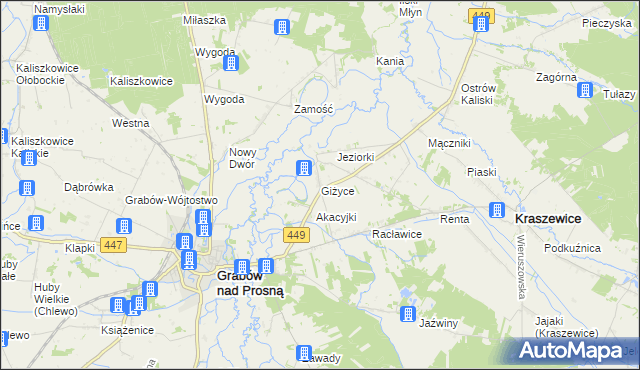 mapa Giżyce gmina Grabów nad Prosną, Giżyce gmina Grabów nad Prosną na mapie Targeo