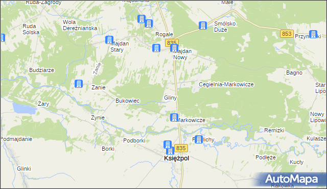 mapa Gliny gmina Księżpol, Gliny gmina Księżpol na mapie Targeo