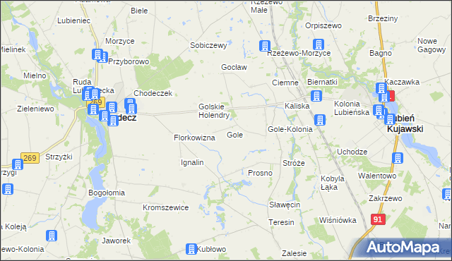 mapa Gole gmina Lubień Kujawski, Gole gmina Lubień Kujawski na mapie Targeo