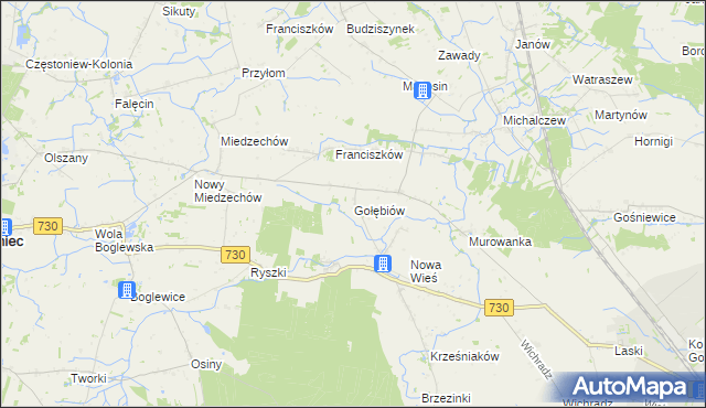 mapa Gołębiów gmina Jasieniec, Gołębiów gmina Jasieniec na mapie Targeo