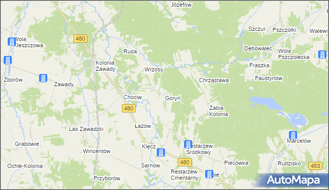 mapa Goryń gmina Widawa, Goryń gmina Widawa na mapie Targeo