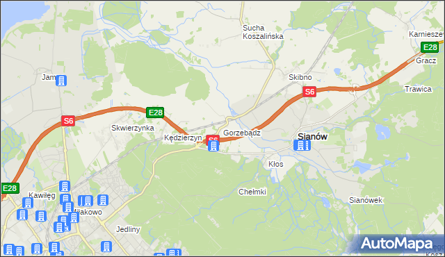 mapa Gorzebądz gmina Sianów, Gorzebądz gmina Sianów na mapie Targeo