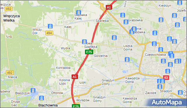 mapa Gorzelnia gmina Blachownia, Gorzelnia gmina Blachownia na mapie Targeo