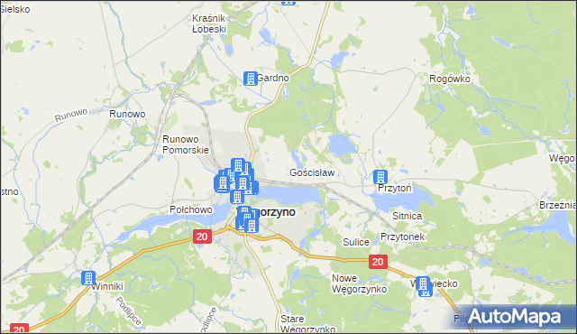 mapa Gościsław gmina Węgorzyno, Gościsław gmina Węgorzyno na mapie Targeo
