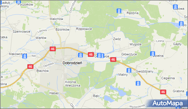 mapa Gosławice gmina Dobrodzień, Gosławice gmina Dobrodzień na mapie Targeo