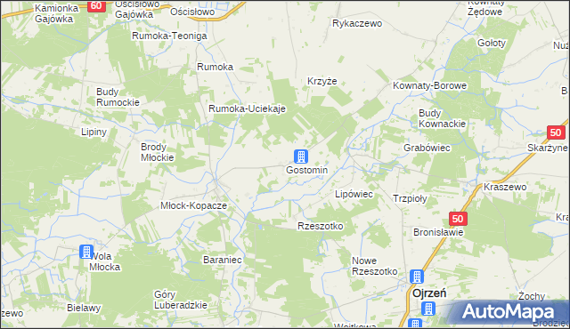 mapa Gostomin gmina Ojrzeń, Gostomin gmina Ojrzeń na mapie Targeo