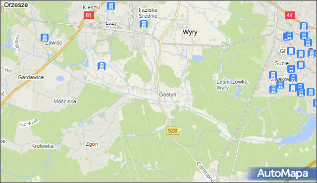 mapa Gostyń gmina Wyry, Gostyń gmina Wyry na mapie Targeo