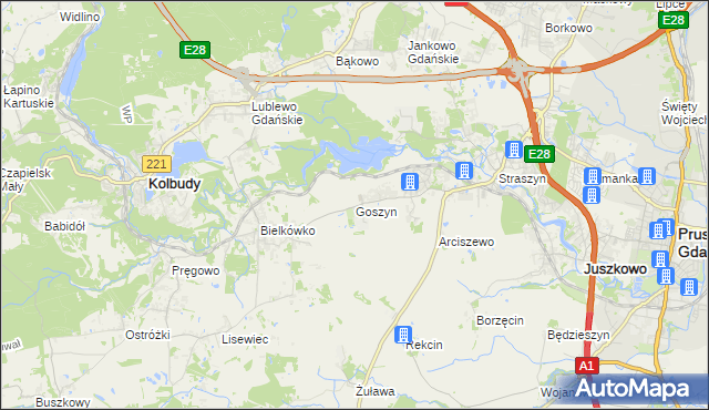 mapa Goszyn gmina Pruszcz Gdański, Goszyn gmina Pruszcz Gdański na mapie Targeo