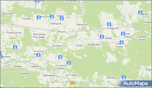 mapa Gózd gmina Harasiuki, Gózd gmina Harasiuki na mapie Targeo