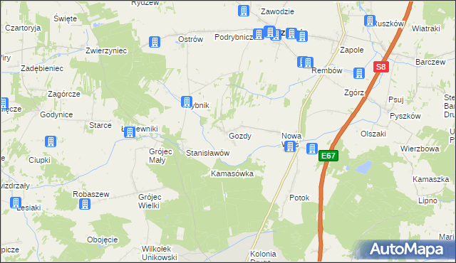 mapa Gozdy gmina Brzeźnio, Gozdy gmina Brzeźnio na mapie Targeo